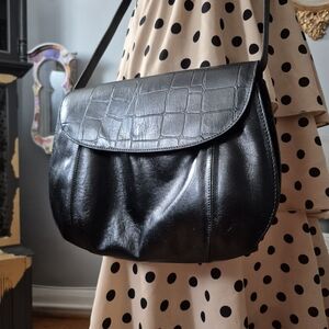 Genesis Black Leather Crossbody Bag with Croc-Embossed Flap